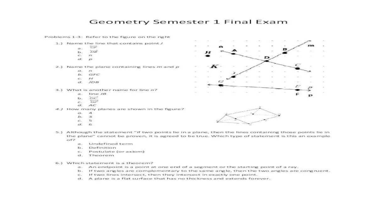 Geometry semester 1 final exam answer key pdf